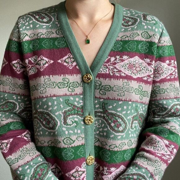 Vintage 80s Womens Pink Green Paisley Striped Oversized Grandma Cardigan Sz L - Picture 9 of 11